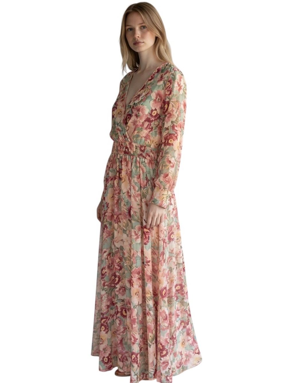 Kate And Lily Floral Maxi Dress. Wrap Top Smock Waist. Sz, 8 Pnks, Greens Yellow